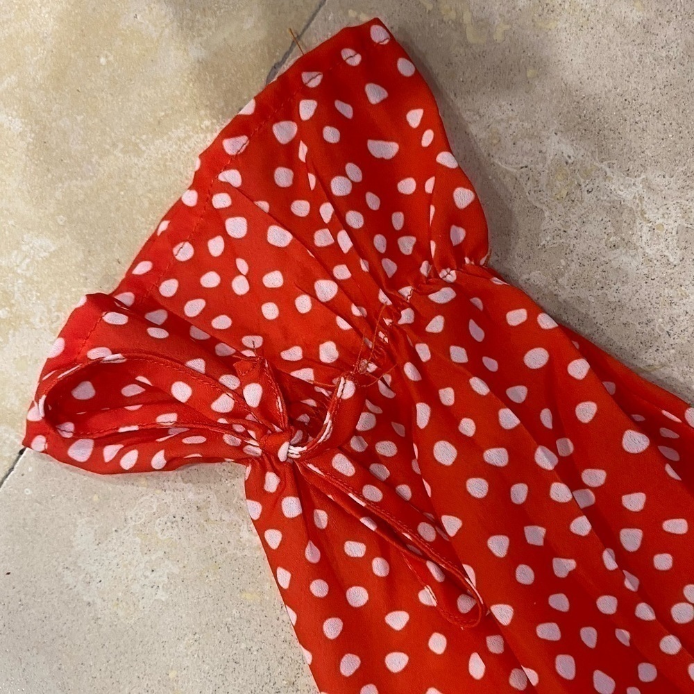 NWOT Long Sleeve Orange Ruffle dress w/white polkadots & elastic sleeves/waist M - Picture 5 of 7